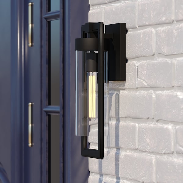 Vaxcel Malmo 1 Light Dusk to Dawn Matte Black Contemporary Outdoor Wall Lantern Clear Cylinder Glass T0686 - main